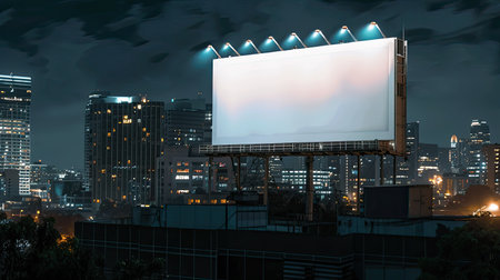 Mockup of a wide rooftop billboard at night, highlighting your brand against an urban backdropの素材