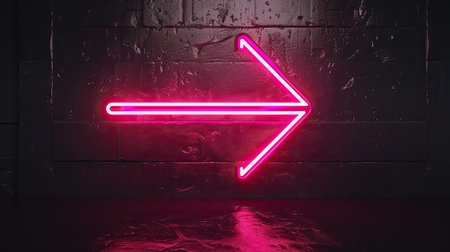 Glowing pink neon arrow icon, bright against black backgroundの素材