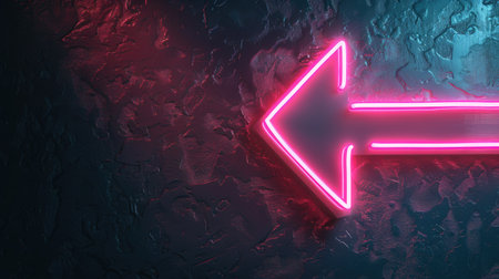 Glowing pink neon directional arrow icon, bright on dark backgroundの素材