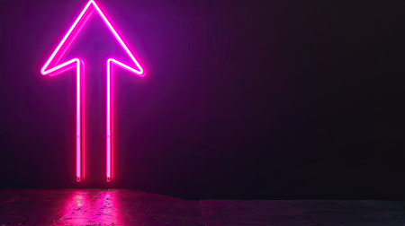 Bright pink neon arrow pointing upwards, glowing on dark backgroundの素材