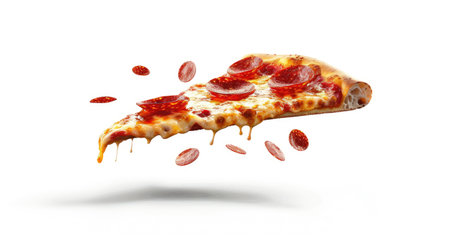 Cheesy flying pizza slice with pepperoni, isolated on a white backgroundの素材