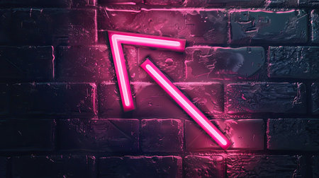 Neon pink arrow icon glowing brightly, illuminated on black backgroundの素材