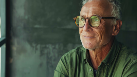 Happy older professional in green shirt and fashionable glasses, gazing sideways with a friendly smileの素材