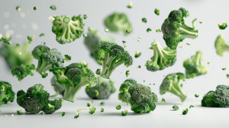 Fresh broccoli falling delicately on a white backdrop, perfect for healthy lifestyle and culinary concepts.の素材