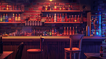Night club scene: high chair and bartender's shelf full of liquor bottlesの素材