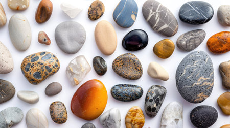 Assorted natural stones arranged in a pattern on white backgroundの素材