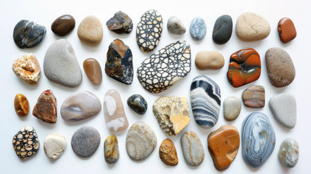 Group of different types of rocks arranged in a visually appealing composition, whiteの素材