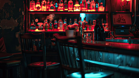 High chair at night club bar, liquor bottles displayed on bartender shelfの素材