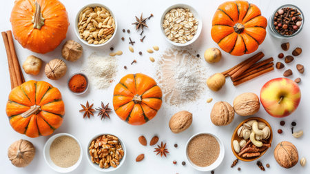 Autumn baking scene with pumpkins, apples, nuts, and seasonal spices on white background, top viewの素材