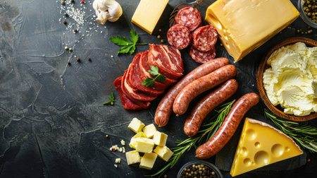 Assorted saturated fats: raw meat, sausages, cheese, and butter on a table, top viewの素材