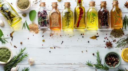 Assortment of cooking oils in glass bottles with ingredients on white wooden table, top viewの素材