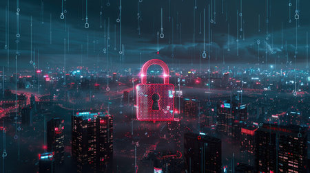 Digital padlock and data protection interface over cityscape at night, panoramic viewの素材