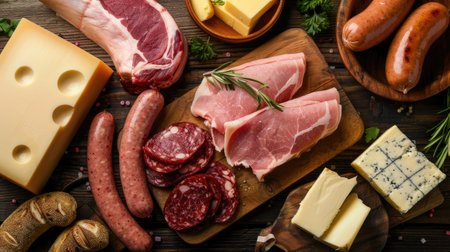 Raw meat, cheese, sausages, and butter on a table, unhealthy eating concept, top viewの素材