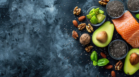 Long banner of healthy omega-3 fats: avocado, salmon, walnuts, and chia seeds, top viewの素材