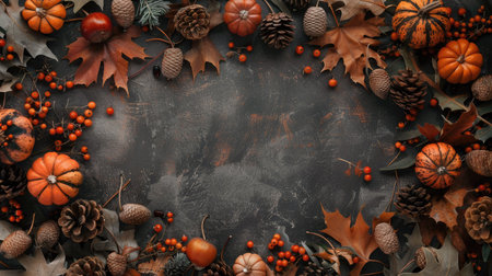Elegant autumn frame with pumpkins, dried foliage, berries, pinecones, and acorns, top viewの素材