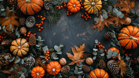 Seasonal decor frame with pumpkins, dried foliage, berries, pinecones, and acorns, top viewの素材