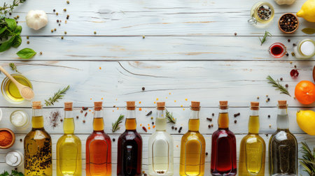 Glass bottles of assorted cooking oils and ingredients on white wooden table, top viewの素材