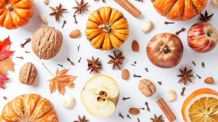 Seasonal baking flat lay with pumpkins, apples, nuts, and spices on white background, top viewの素材
