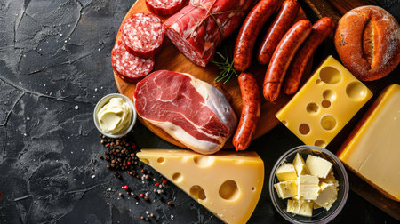 Raw meat, sausages, cheese, and butter on a table, unhealthy eating, top viewの素材
