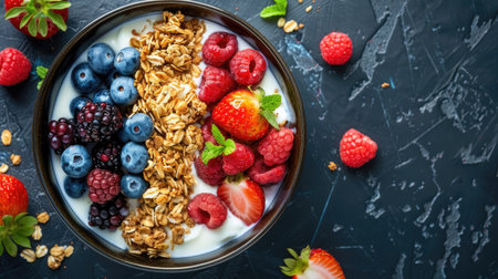 Healthy breakfast bowl with granola, Greek yogurt, and an assortment of fresh berries and fruits, seen from above.の素材