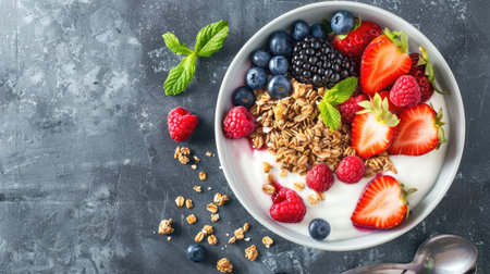 Healthy breakfast bowl with granola, Greek yogurt, and an assortment of fresh berries and fruits, seen from above.の素材