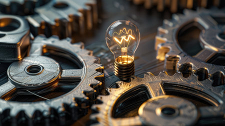 Checkmark and light bulb icon on cogwheels gears, idea developmentの素材