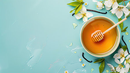 Bowl of honey with vanilla sticks and flowers on a pastel backgroundの素材