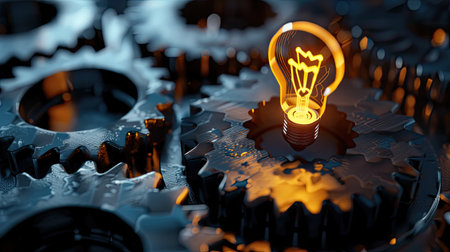 Checkmark symbol and light bulb icon on cogwheels gears, brainstormingの素材