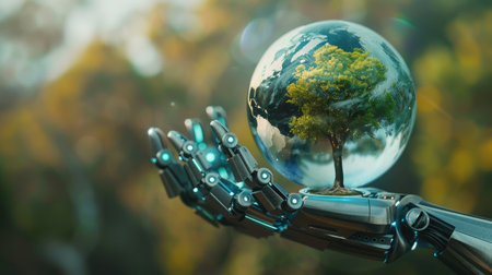 Earth crystal globe in robot hand with tree, ecological sustainabilityの素材