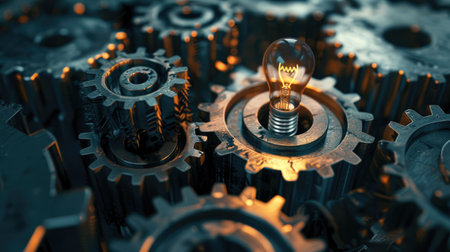 Checkmark and light bulb icon on cogwheels gears, idea implementationの素材