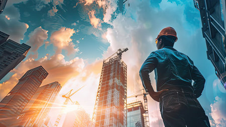 Man engineer superimposed on modern urban architecture, urban constructionの素材