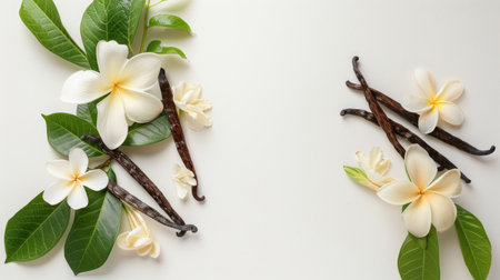 Fresh vanilla pods, green leaves, and flowers on a clean white surfaceの素材