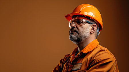 Engineer in hard hat with badge on brown backdropの素材