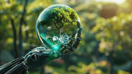 Robot hand holding Earth crystal globe and tree, clean planet conceptの素材