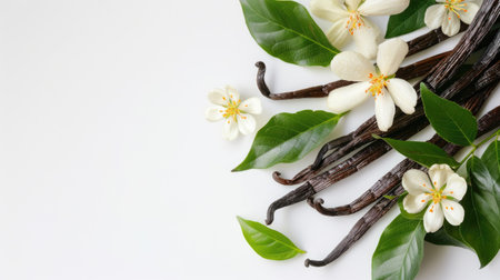 Natural vanilla beans, green leaves, and flowers on a white backgroundの素材