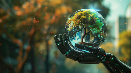Robot hand holding Earth crystal globe and tree, ecology and environment conceptの素材