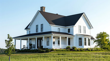 House with white siding and black roof set against a clear blue skyの素材