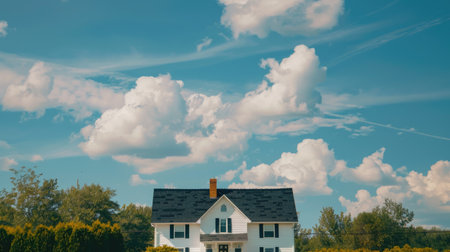 White house with black roof under a sky full of white cloudsの素材