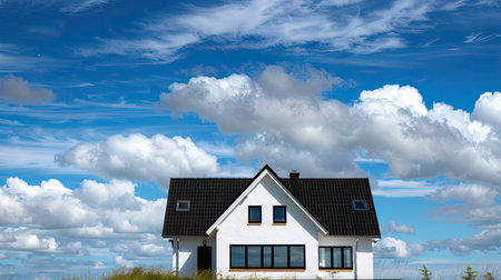 White house with black roof under a bright blue sky with cloudsの素材
