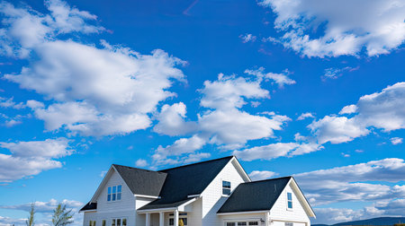 White house with black roof under a bright blue sky with cloudsの素材
