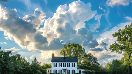 White house with black roof and a sky full of fluffy cloudsの素材