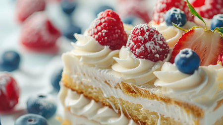 Vanilla cake bar with white chocolate, strawberries, raspberries, blueberries on whipped cream close-upの素材
