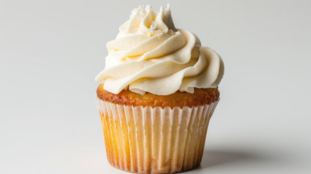 Vanilla cupcake with rich, creamy icing on a white backgroundの素材