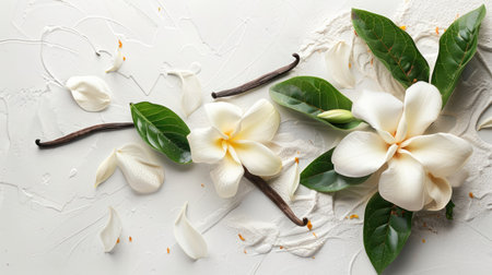 Vanilla flower, pods, and leaves arranged beautifully on a white surfaceの素材