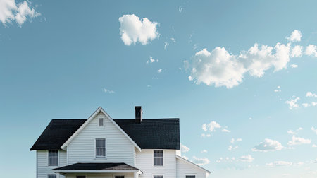 White-sided house with black roof set against a clear blue sky with cloudsの素材