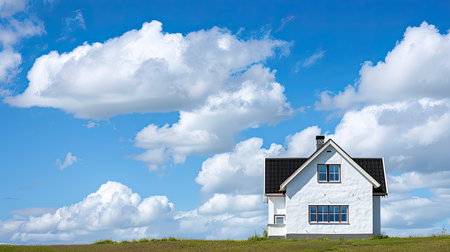White house with black roof under a blue sky with fluffy white cloudsの素材
