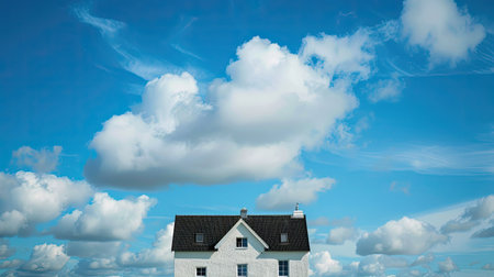 White house with black roof under a blue sky with fluffy white cloudsの素材