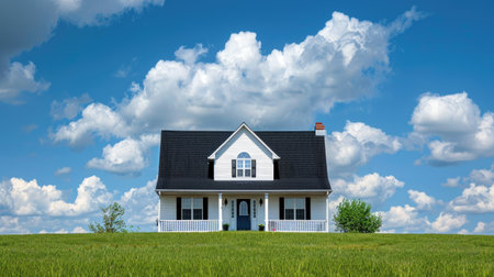 White house with black roof under a sky with fluffy white cloudsの素材