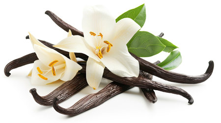 Vanilla flower and pods with leaves isolated on a pristine white backgroundの素材