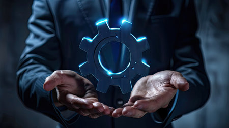 Virtual gear icon held by businessman, concept of robotic process automationの素材